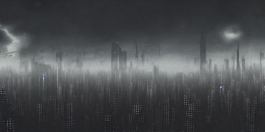Image similar to 35mm photography film still landscape of noir cyberpunk city with industrial fires and smog, futuristic dystopian megacity skyline, matte painting, neon, sharp focus