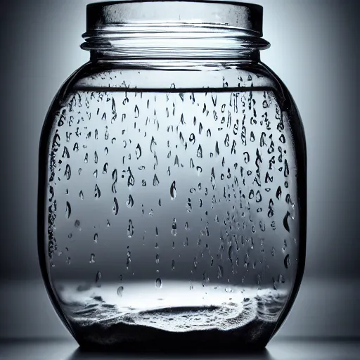 Prompt: A photo of a tiny rain storm inside a jar, studio photo, highly detailed,studio lighting