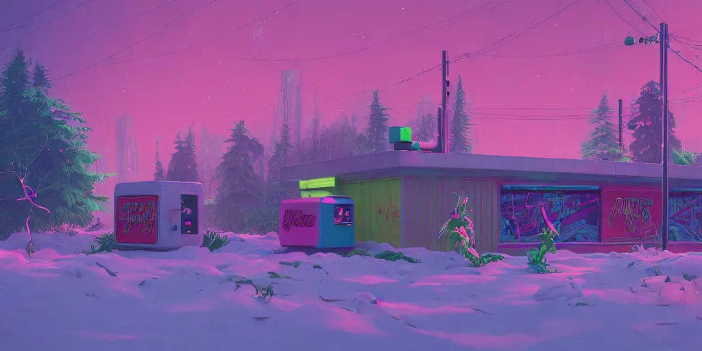 Prompt: 80s outdoor retro arcade, 80s color scheme, retro, pastel colors, desolate, lush vegetation, snow, moody:: by Simon Stålenhag and beeple and James Gilleard and Justin Gerard :: ornate, dynamic, particulate, intricate, elegant, highly detailed, centered, artstation, smooth, sharp focus, octane render, 3d