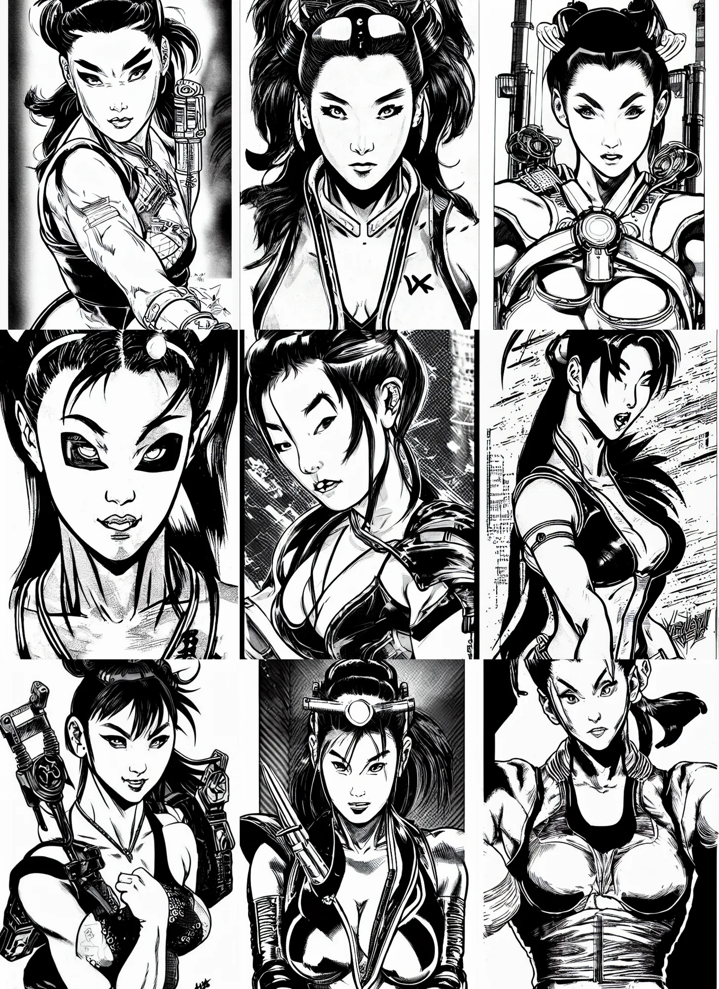 Prompt: chun - li, portrait, cyberpunk 2 0 2 0 manual, by steampoweredmikej, inktober, ink drawing, black and white, coloring pages, manga, highly detailed