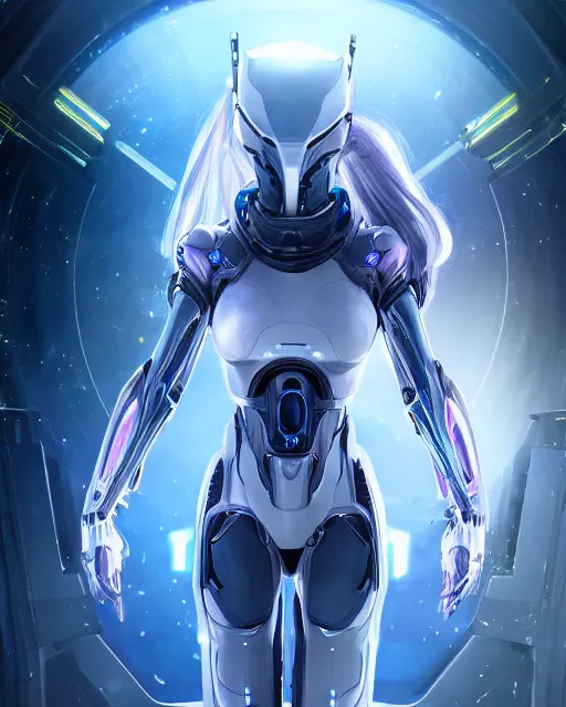 Image similar to photo of a android girl on a space ship, warframe armor, beautiful face, scifi, nebula reflections, futuristic background, dreamy, long white hair, blue android eyes, glowing, 8 k high definition, insanely detailed, intricate, innocent, art by akihiko yoshida, antilous chao, li zixin, woo kim