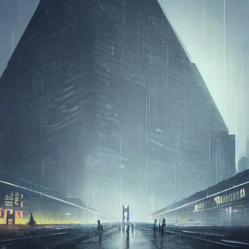 Image similar to gigantic metal pyramid in the distance, brutalist, blade runner, sci fi, stunning detail, cityscape, cyberpunk, wet street, 8k, cinematic lighting, ultra realistic, colorful, neon, octane rendered,