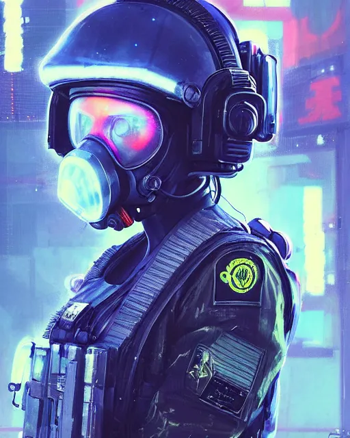 Image similar to detailed neon female swat officer flying a plane, cyberpunk futuristic, neon, reflective puffy coat, decorated with traditional japanese by ismail inceoglu dragan bibin hans thoma greg rutkowski alexandros pyromallis nekro rene margitte, aerial view, illustrated, perfect face, fine details, realistic shaded, fine - face, pretty face