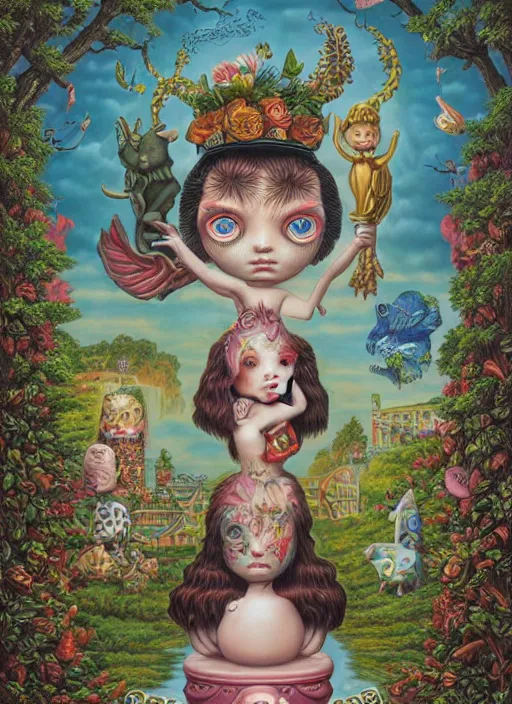 Image similar to the city of the gods and the nature spirits by Mark Ryden and Alex Gross, Todd Schorr highly detailed