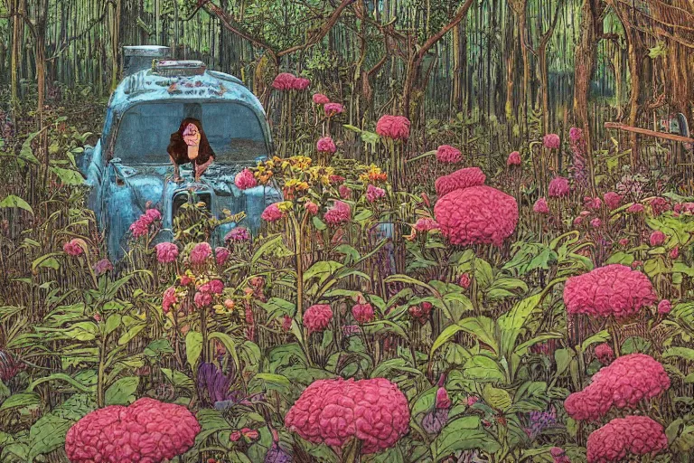 Prompt: super - detailed scene twilight junkyard, louisiana swamps, indigo blooming flowers garden, 8 k, 8 0 s japanese sci - fi books art, artwork by jean giraud