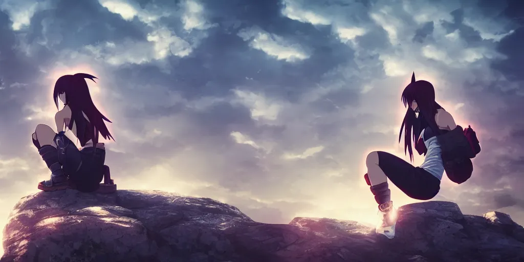 Image similar to tifa sitting on a rock off to the side looking down upon swedish town, during dawn, cinematic, very warm colors, intense shadows, anime illustration, anime screenshot composite background