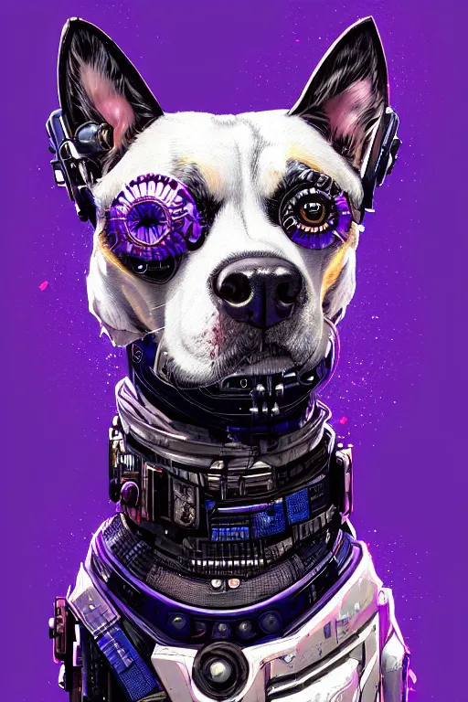 Image similar to a beautiful portrait of a cute cyberpunk dog by sandra chevrier and, greg rutkowski and wlop, purple blue color scheme, high key lighting, volumetric light, digital art, highly detailed, fine detail, intricate, ornate, complex, octane render, unreal engine, photorealistic