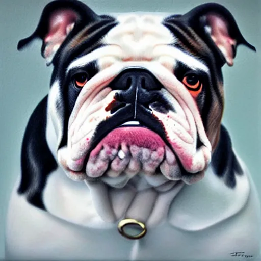 Prompt: a hyperrealistic portrait of an english bulldog as a gangster