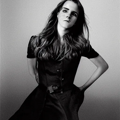 Prompt: Emma Watson closeup of face shoulders and very long hair hair pouting and grinning Vogue fashion shoot by Peter Lindbergh fashion poses detailed professional studio lighting dramatic shadows professional photograph by Cecil Beaton, Lee Miller, Irving Penn, David Bailey, Corinne Day, Patrick Demarchelier, Nick Knight, Herb Ritts, Mario Testino, Tim Walker, Bruce Weber, Edward Steichen, Albert Watson