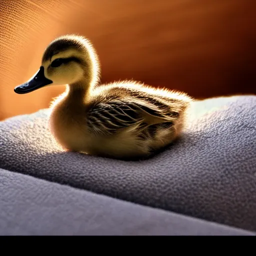 Prompt: duckling in a hotel room cozy asleep in bed digital art ultra detailed high definition 4 k