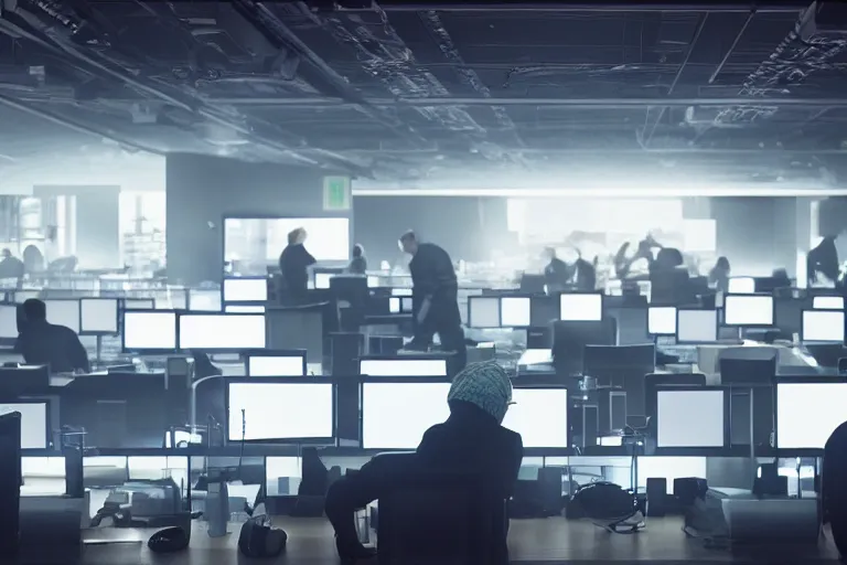 Image similar to detailed realistic photo of a group of hackers working, dimly lit room, computer screens, dramatic dim lighting, coherent composition