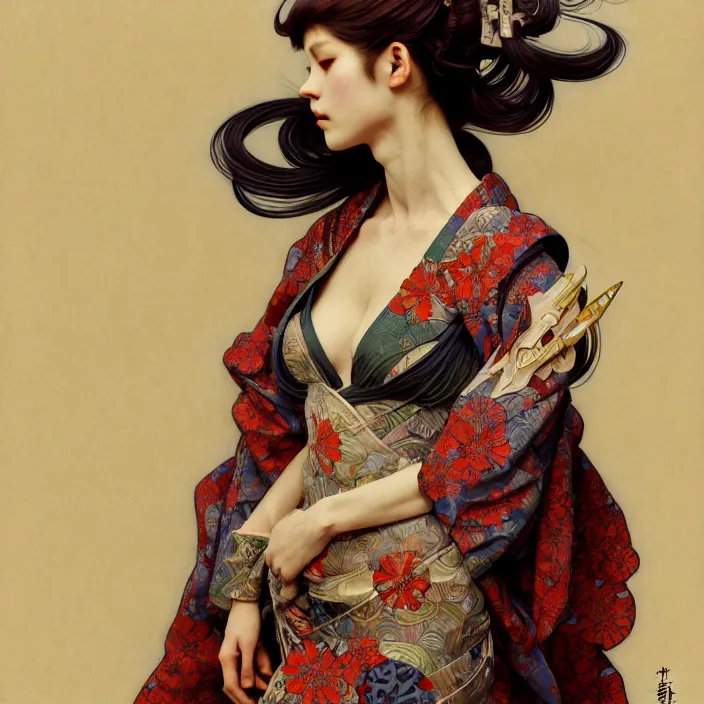 Prompt: fabric cyborg, Japanese kimono, diffuse lighting, fantasy, intricate, elegant, highly detailed, lifelike, photorealistic, digital painting, artstation, illustration, concept art, smooth, sharp focus, art by John Collier and Albert Aublet and Krenz Cushart and Artem Demura and Alphonse Mucha