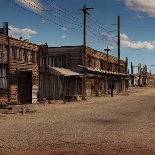 Prompt: Abandoned Wild West town at high noon, hyperrealistic