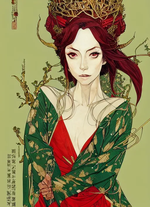 Image similar to half body portrait of a beautiful elven queen in red green gold dress, detailed, wearing kimono armor, by conrad roset, takato yomamoto, jesper ejsing, beautiful