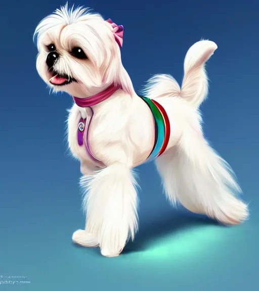 Prompt: small white maltese shihtzu mix dog riding merry - go - round smiling full color digital illustration in the style of don bluth, artgerm, artstation trending, 4 k