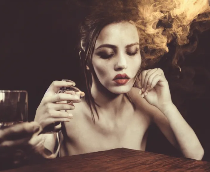 Prompt: the smoking woman on the bar table with wisky glass, 35mm photo, close view, dramatic soft light, sensual lips, deep shadows and colors, photorealistic, detailed smoke and dust, natural textures, depth of field, ambient occlusion, motion blur, HD, volumetric, chromatic aberration, style of Ade Santora, perfect composition, masterpiece, intricate detailed