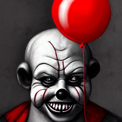 Prompt: surrealism grunge cartoon portrait sketch of darth vader with a wide smile and a red balloon by - michael karcz, loony toons style, pennywise style, horror theme, detailed, elegant, intricate