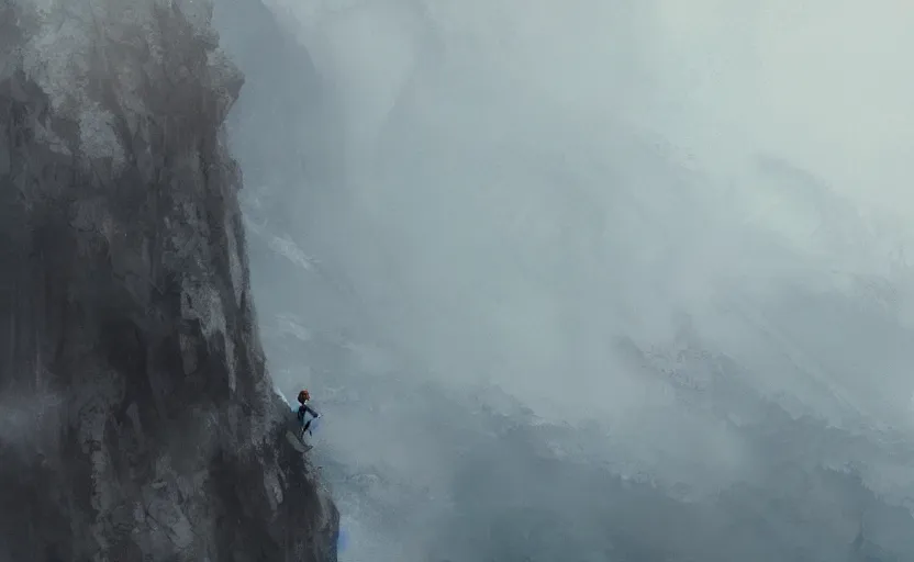 Image similar to a climber climbs into a storm, painting by craig mullins, octane rendering, soft morning lighting, wide angle lens, in the style of hayao miyazaki, trending on artstation,