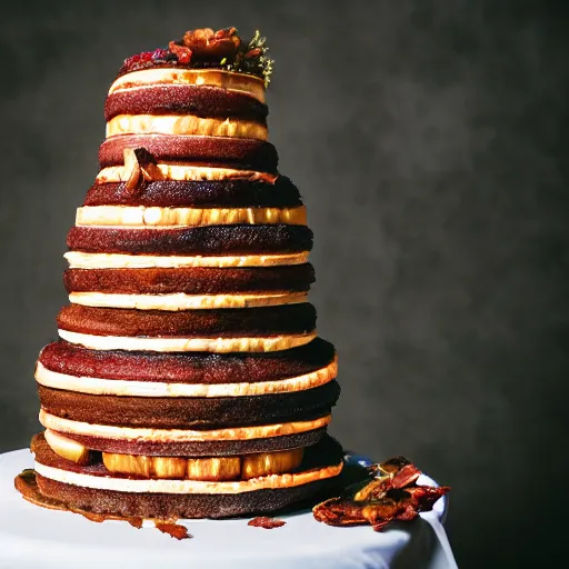 Image similar to a wedding cake made of bacon, hd professional food photography