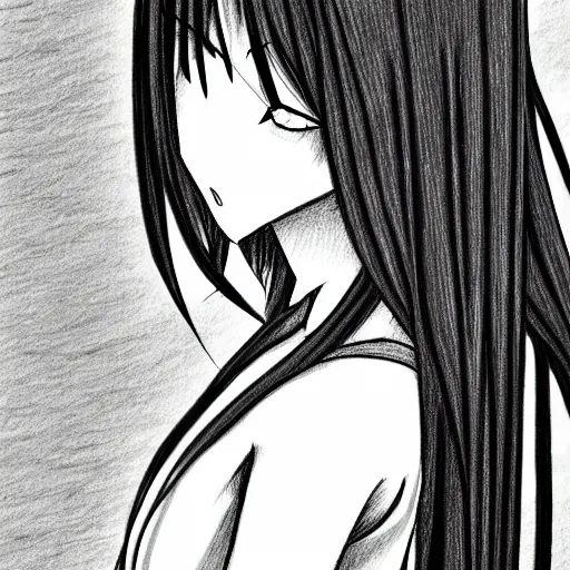Image similar to a lonely girl. japanese black and white manga, pencil sketch. hd, ultra clear detailed