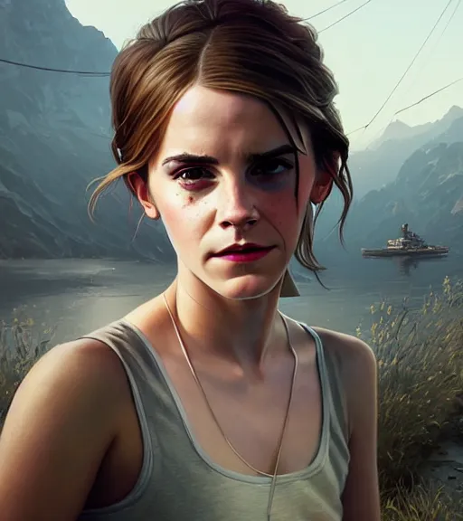 Image similar to highly detailed emma watson portrait in gta v, stephen bliss, unreal engine, fantasy art by greg rutkowski, loish, rhads, ferdinand knab, makoto shinkai and lois van baarle, ilya kuvshinov, rossdraws, tom bagshaw, global illumination, radiant light, detailed and intricate environment