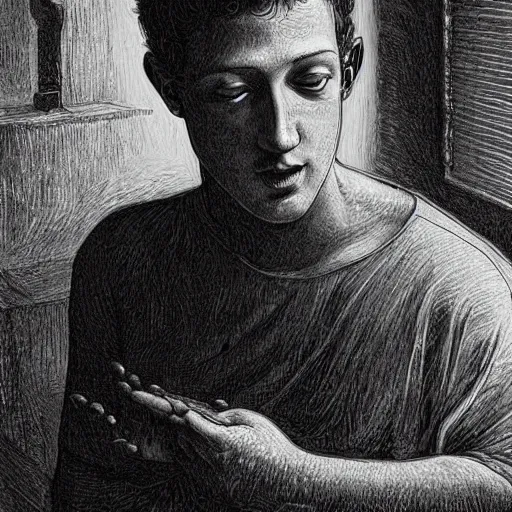 Image similar to a 1 3 th century, enigmatic, melancholic, mark zuckerberg ( look like ( ( mark zuckerberg ) ), is ( ( building a machine ) ). light dust, magnificent, hyperdetailed, theatrical, painted by gustave dore