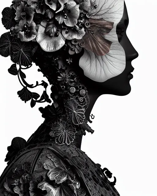 Prompt: monochrome profile portrait painting, dutch masters, silver lace floral steampunk biomechanical beautiful young female cyborg with one techno eye, monocular, volumetric light, leaves foliage and stems, hibiscus flowers, alexander mcqueen, rim light, big gothic fashion pearl embroidered collar, 8 k