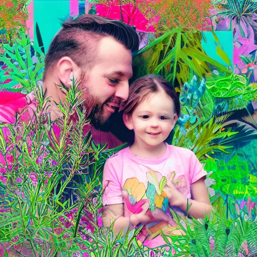 Prompt: mixed media collage of a father with a beautiful child, all overgrown by elaborate maximalist plants. vibrant pastel tones matte background HD 8x