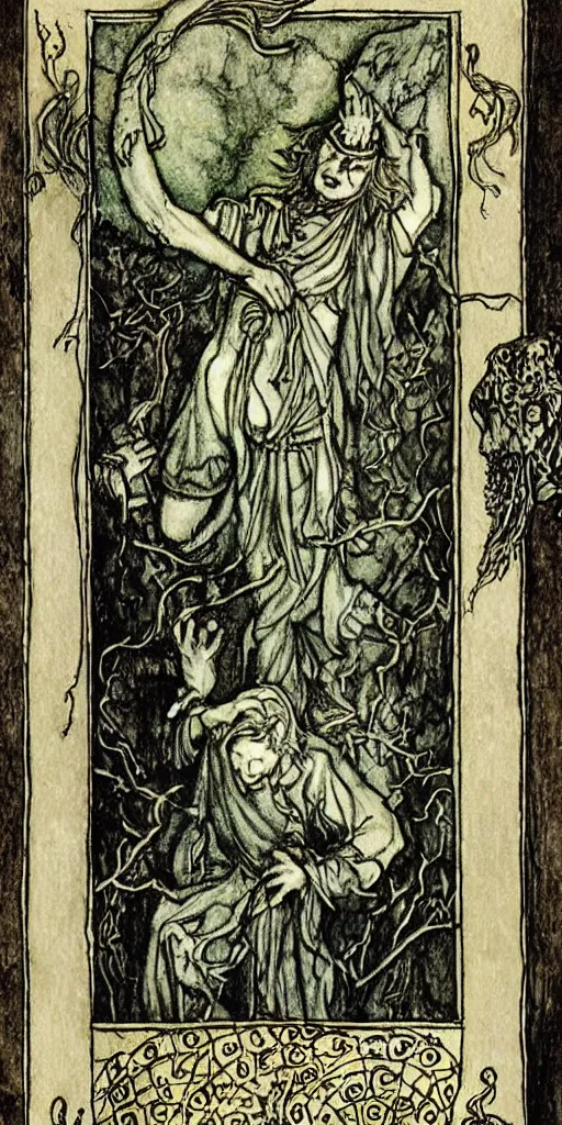 Image similar to tarot card detailed painting, illustration, tarot card framing with roman numbers, in style of Arthur Rackham