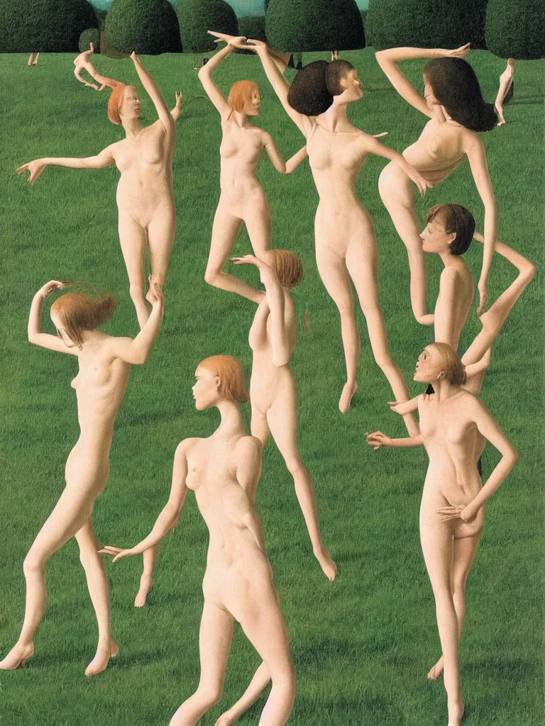 Image similar to A stylish group of disco dancers, dancing outside in a lush green field, pastel colors, long shadows. Painting by Alex Colville, Piero della Francesca