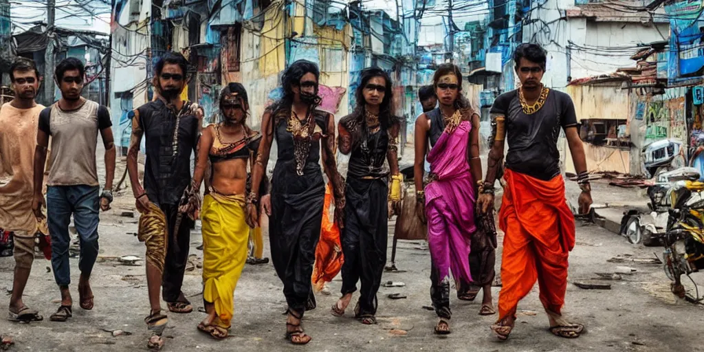 Prompt: sri lankan cyberpunk gang, film still, epic shot cinematography, rule of thirds, colorful, sci - fi tech style
