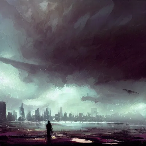 Prompt: a large ominous tsunami in the distance of a city skyline, ominous, eerie, death, craig mullins