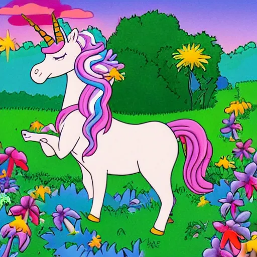 Prompt: Unicorn in the bush with a lot of flowers around, the sky is full of clouds and there are butterflies everywhere, simpsons style