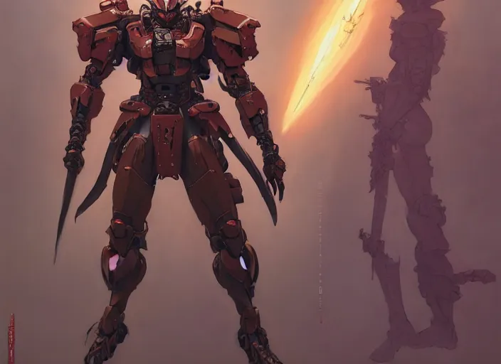 Image similar to character design game art digital 2 d man samurai evangelion cyborg armor by gaston bussiere, anna nikonova aka newmilky, greg rutkowski, yoji shinkawa, yoshitaka amano, tsutomu nihei, riccardo federici, moebius, donato giancola, trending on artstation, featured on pixiv