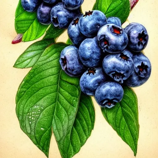 Image similar to botanical drawing of blueberry bush. Detailed art. Color. Rustic. Nordic. Trending on artstation. Detailed. Shrub. Nature. Artistic.