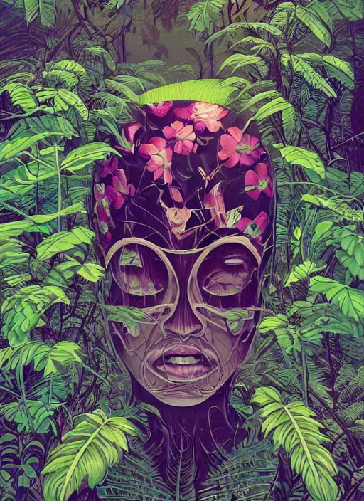 Image similar to gigantic robot head, a lot of exotic vegetation, trees, flowers by junji ito, tristan eaton, victo ngai, artgerm, rhads, ross draws, hyperrealism, intricate detailed