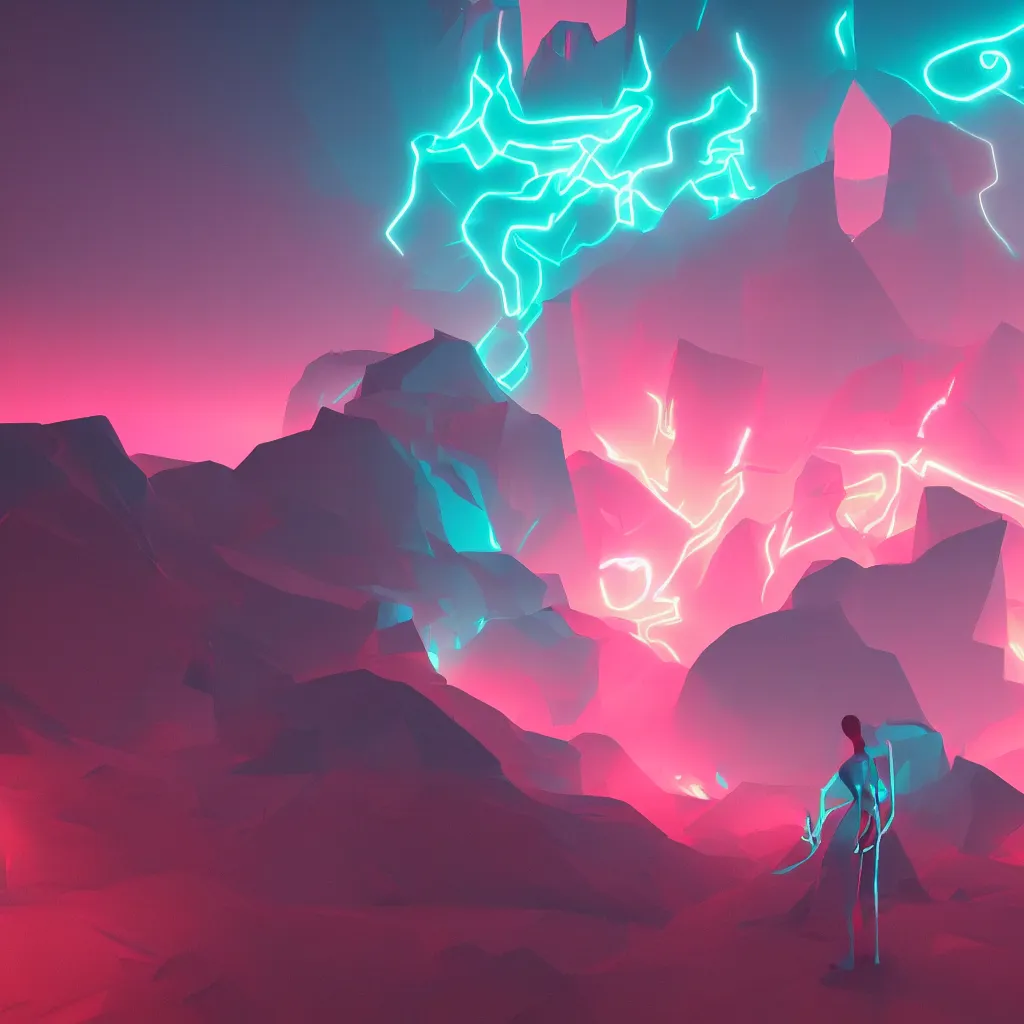 Image similar to manikin made of marble, fractal neon explosion revealing a portal to a vaporwave paracosm, mountains and city in background, rule of thirds, clean linework, dramatic, moody, introspective, cinematic, award winning, 4 k, trending on artstation, photorealistic, volumetric lighting, octane render