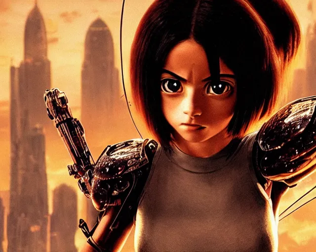 Image similar to a beautiful film still from battle angel alita by panos cosmatos, futuristic, cinematic lighting, highly detailed, photorealistic, high resolution