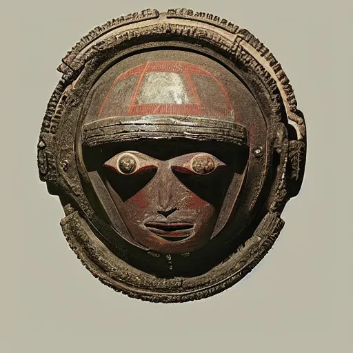 Prompt: photo portrait of precolumbian aztec astronaut helmet with fine detail engravings and runes cultist lord rich baron by Diane Arbus and Louis Daguerre