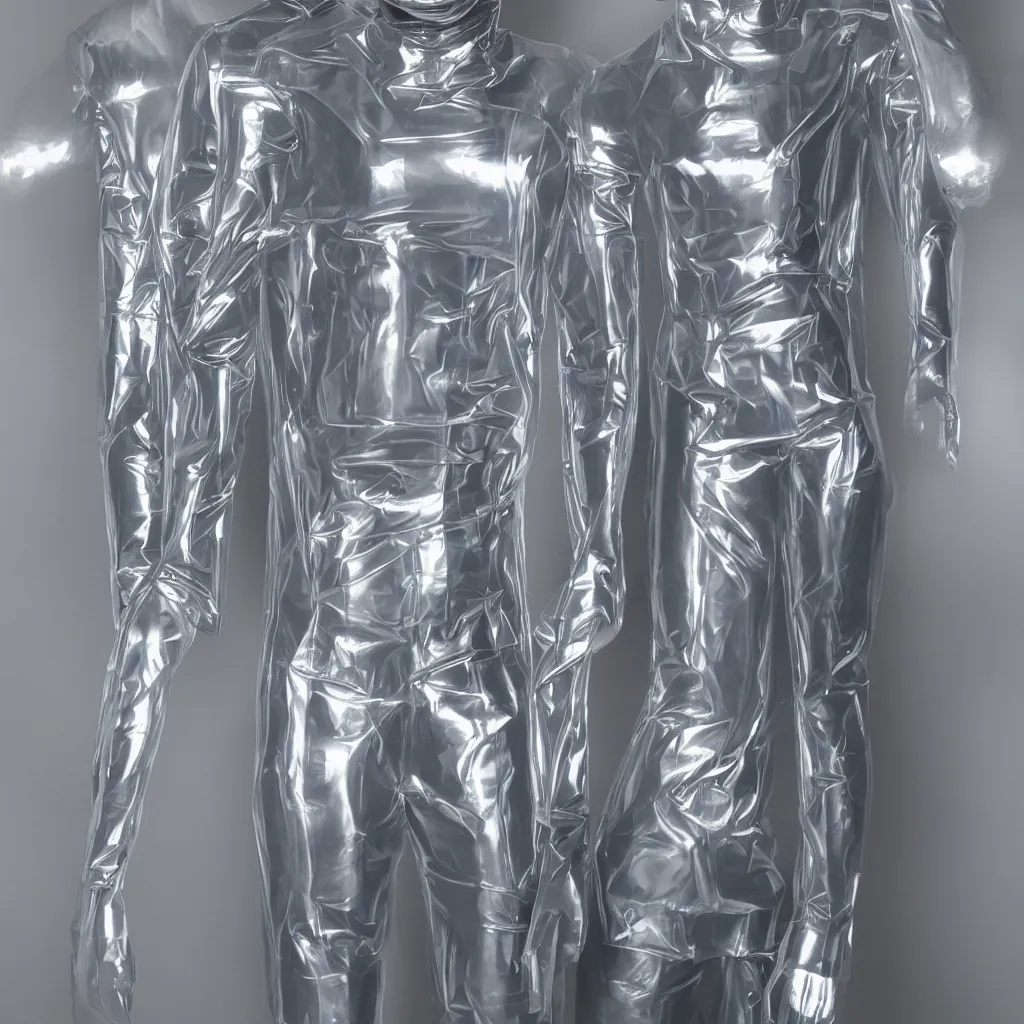 Image similar to a inflatable transparent human, chrome effect metallic