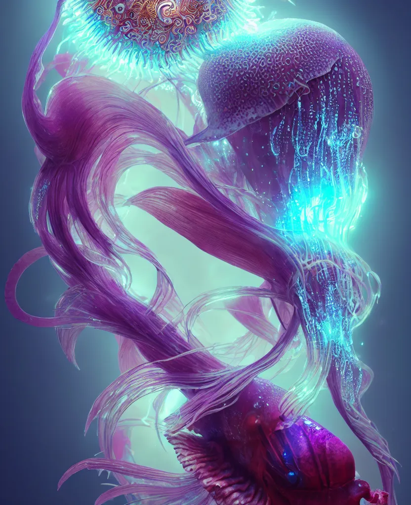 Image similar to goddess close-up portrait. orchid jellyfish phoenix head, nautilus, skull, betta fish, bioluminiscent creatures, intricate artwork by Tooth Wu and wlop and beeple. octane render, trending on artstation, greg rutkowski very coherent symmetrical artwork. cinematic, hyper realism, high detail, octane render, 8k