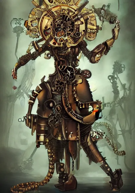 Image similar to steampunk clockwork durga mecha by marek okon designed by alexander mcqueen dress by peter mohrbacher