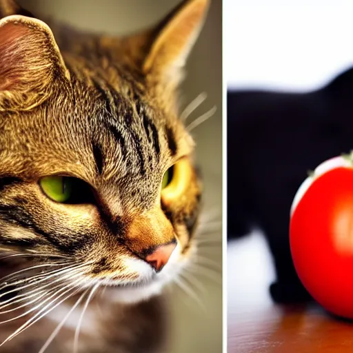 Prompt: photo of giant [ tomato ] next to a cat taken with canon eos - 1 d x mark iii, bokeh, sunlight, studio 4 k