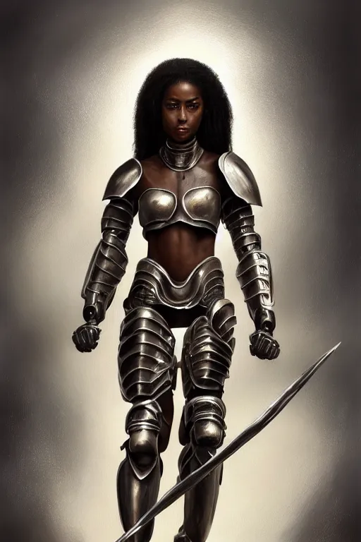 Image similar to a photorealistic painted portrait of an attractive young black girl, partially clothed in metal-plated battle armor, matt olive skin, long dark hair, flawless skin, beautiful bone structure, perfectly symmetric facial features, perfect photorealistic eyes, natural physique, intricate, elegant, digital painting, concept art, finely detailed, beautifully illustrated, sharp focus, minimal artifacts, from Metal Gear, by Ruan Jia and Mandy Jurgens and Artgerm and William-Adolphe Bouguerea, in the style of Greg Rutkowski, trending on Artstation, award winning art