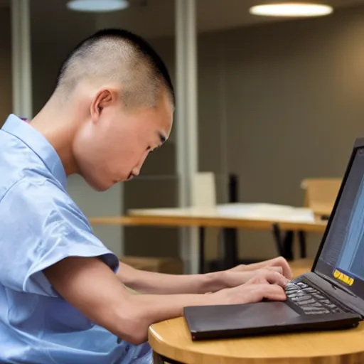 Prompt: a shaolin monk working in an office, stressed, programming, head in hands, professional environment, office photo