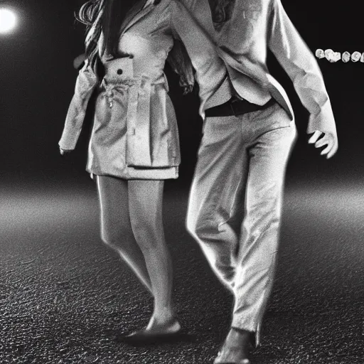 Image similar to realistic cropped photo of a man and woman, both wearing trenchcoats, dancing together on a beach during cloudy weather, at night, and it ’ s dark time