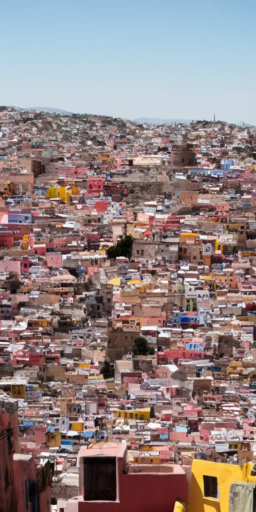 Image similar to window in foreground, guanajuato city in background, by wes anderson