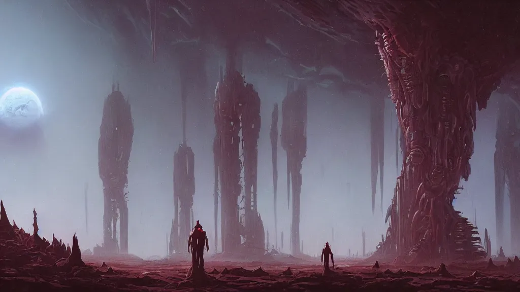 Image similar to eerie atmospheric alien planet with biomechanical plants and the ruins of civilization by les edwards and vincent di fate and anato finnstark, epic cinematic matte painting