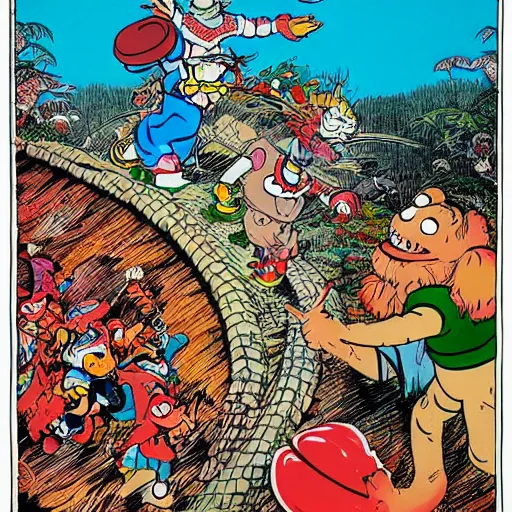 Image similar to Professional art, a stunning illustration of red goblins carrying a prisoner to a cave on a mountainside illustrated by Dr Suess and Takashi Murakami