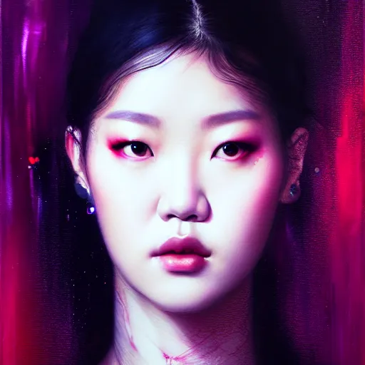 Image similar to roseanne park of blackpink, hyperrealistic portrait, bladerunner street, by karol bak and agnes cecile, fantasy art, photo realistic, dynamic lighting, artstation, poster, volumetric lighting, very detailed face, intricate complexity, rule of thirds, 8 k, award winning